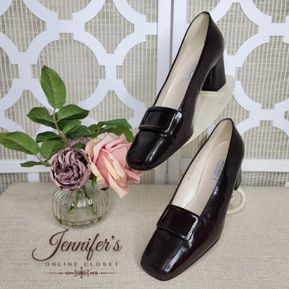 Lord & Taylor Women's Brown Patent Leather Buckle Block Heel Pumps Size 9.5 - Picture 1 of 14